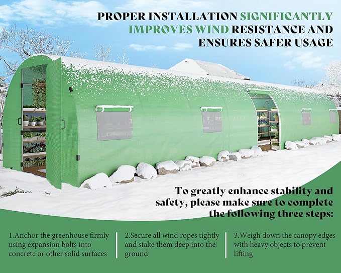 AMERLIFE 44x10x7.5 FT Tunnel Greenhouse for Outdoors, Extra Large Walk in Greenhouse with Galvanized Steel Frame, Premium PE Cover & Film Clips, Swing Door, Green