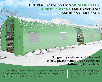 AMERLIFE 44x10x7.5 FT Tunnel Greenhouse for Outdoors, Extra Large Walk in Greenhouse with Galvanized Steel Frame, Premium PE Cover & Film Clips, Swing Door, Green