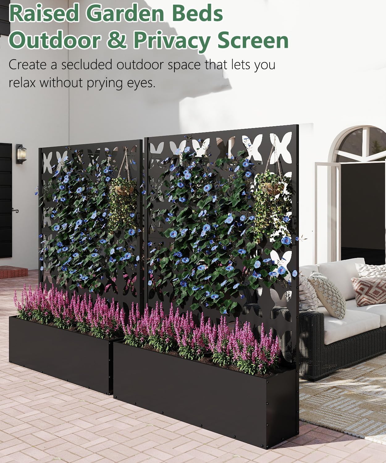 2PCS Metal Planter Box with Trellis,70.9"x47.2"x15.7" Raised Garden Bed with Drainage Holes, Privacy Planters for Outdoor Garden Bed for Climbing Plants,Vegetables,and Vines, Black-X