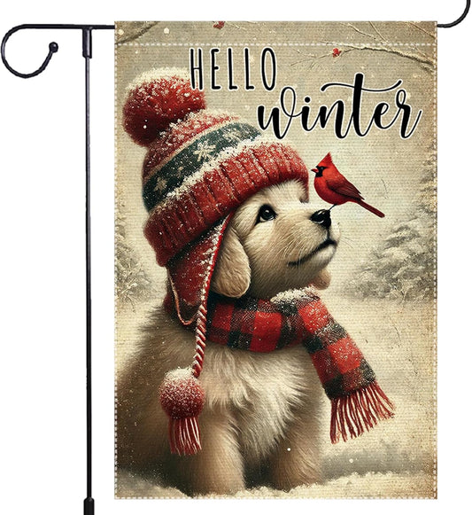 Hello Winter Dog Garden Flag 12x18 Vertical Double Sided Cardinal Bird Snow Christmas Holiday Outside Decorations Burlap Yard Flags