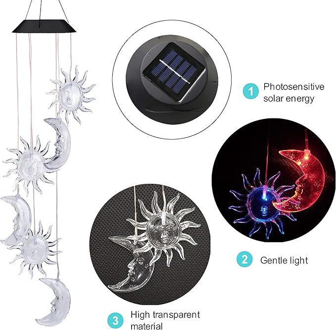 Solar Sun and Moon Wind Chimes Outdoor - Waterproof Mobile Romantic Changing Light Color Wind Chime, Sun Moon Windchimes for Xmas Mom Gifts, Home, Party, Festival Decor, Night Garden Decoration