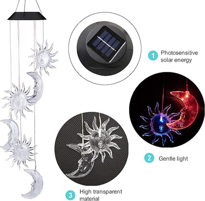 Solar Sun and Moon Wind Chimes Outdoor - Waterproof Mobile Romantic Changing Light Color Wind Chime, Sun Moon Windchimes for Xmas Mom Gifts, Home, Party, Festival Decor, Night Garden Decoration