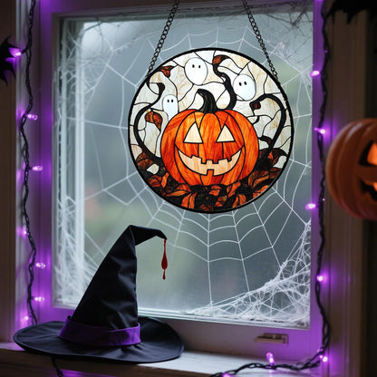 Stained Glass Window Hanging - Halloween Decorations Pumpkin Ghost Suncatcher for Doors Garden Indoor Spooky Funny Orange Sun Catchers Gothic Decor Horror Gifts for Women Men Friend 7.8 in