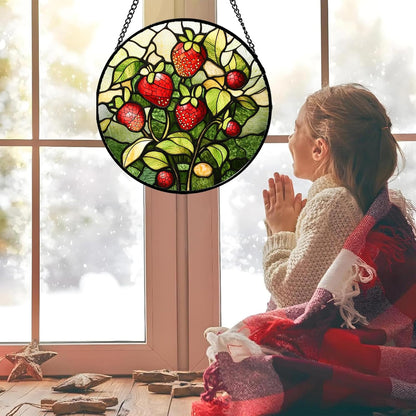 Stained Glass Window Hanging - Red Strawberry Suncatcher for Doors Window Home Green Plant Sun Catchers Decor Christmas Mother's Day Birthday Gifts for Teacher Women Men Mom Nana 11.8 in