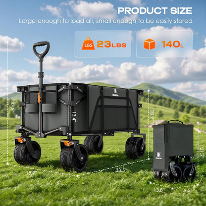 Navatiee Big Wheels Collapsible Wagon Cart Foldable, Heavy Duty Beach Wagon with Silent All-Terrain Wheels, Folding Utility Grocery Cart with Side Pocket and Brakes for Camping Garden Sports, Gray