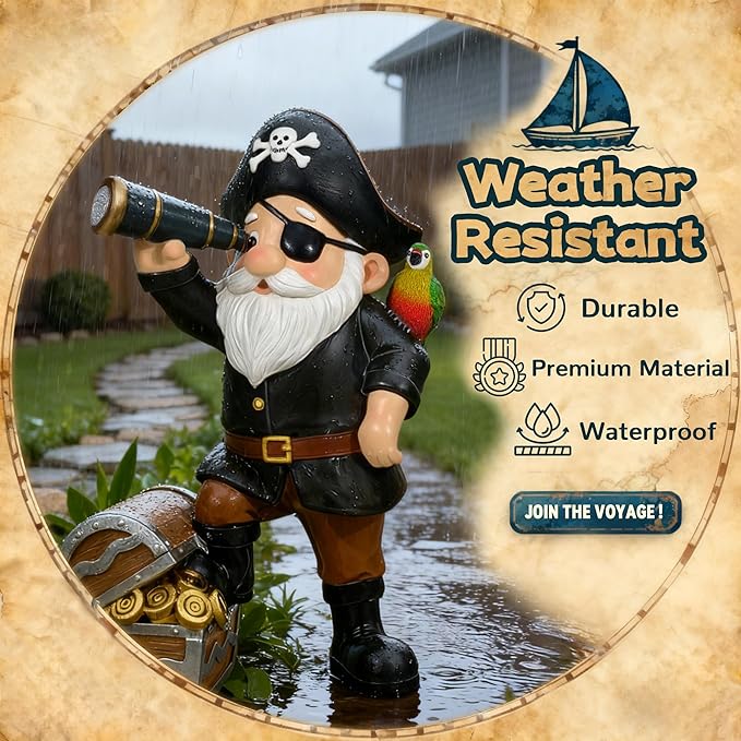 Solar Pirate Gnome Statue – Whimsical Outdoor Garden Decor for Yard, Patio, Lawn, Backyard – Ideal Gift for Women, Garden Lovers, Moms, Birthdays
