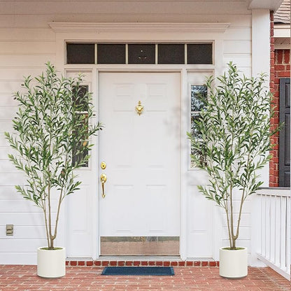 Olive Trees Artificial Indoor, 2 PCS 6FT Faux Olive Tree with Tall Pot, Natural Wood Trunk Treemote and Leaves, Fake Plant for Home Office Bedroom Decor