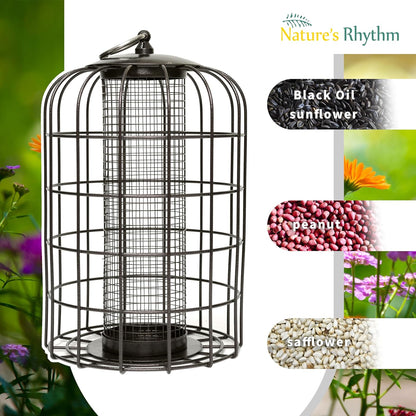 Nature's Rhythm Outdoor Hanging Bird Feeder Cage Mesh Tube Squirrel Proof Wild Bird Feeder with Large Metal Seed Guard Deterrent Green