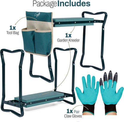 Garden Seat and Kneeler - Upgraded Widened EVA Cushion Seat (6.1” Wider), Thick & Wide Garden Stool, Foldable with Pouch, Gloves & Tool Bag – Gardening Gifts for Parents & Seniors