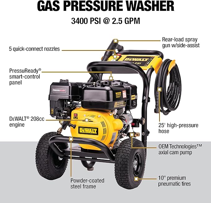 DeWalt DXPW3400PRNB-S PressuReady 3400 PSI Gas Pressure Washer with Quick Start Technology, 2.5 GPM Axial Cam Pump, 208cc Engine, Cold Water, Includes 25-Ft Hose, Nozzles, Spray Gun & Wand, 49-State