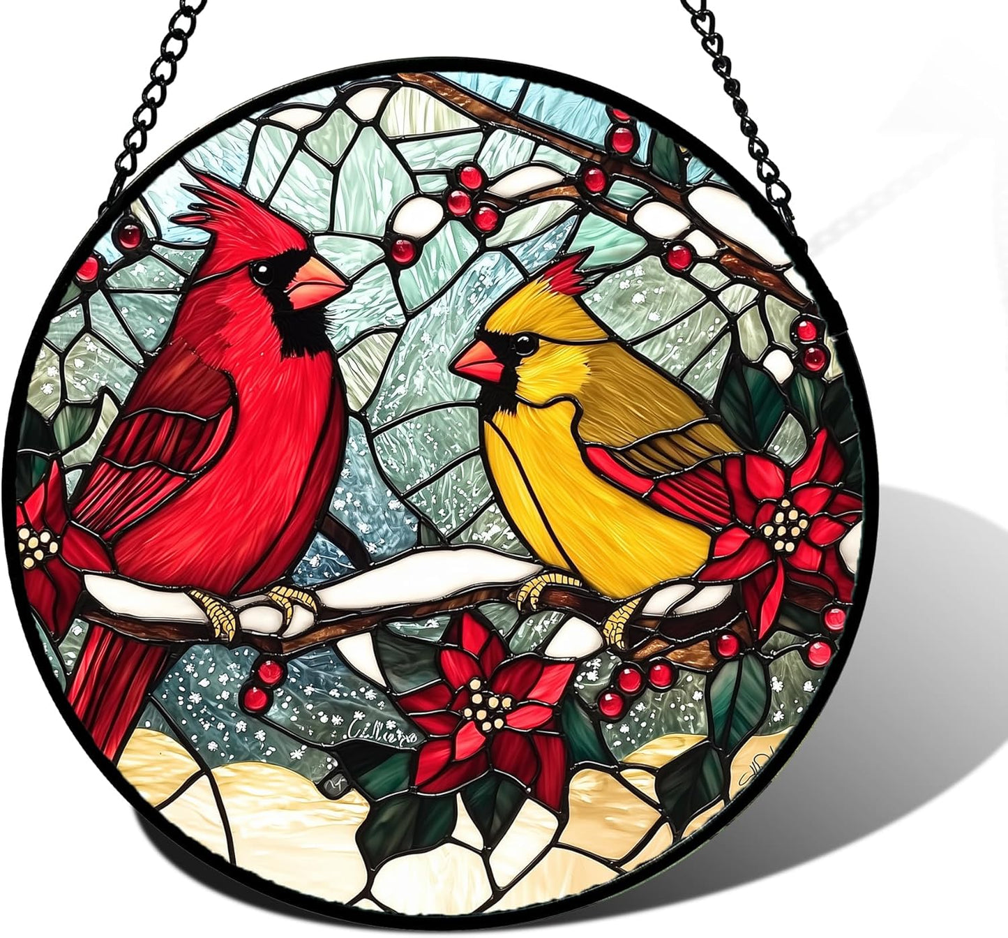Stained Glass Window Hanging, Love Birds Cardinals Sun Catchers Colorful Glass Panel Birds Suncatcher Decor for Birthday for Women, Men, Wife, Lovers, and Mom 6.3 in