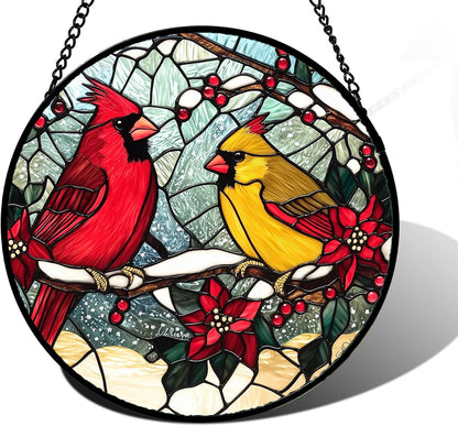 Stained Glass Window Hanging, Love Birds Cardinals Sun Catchers Colorful Glass Panel Birds Suncatcher Decor for Birthday for Women, Men, Wife, Lovers, and Mom 7.8 in