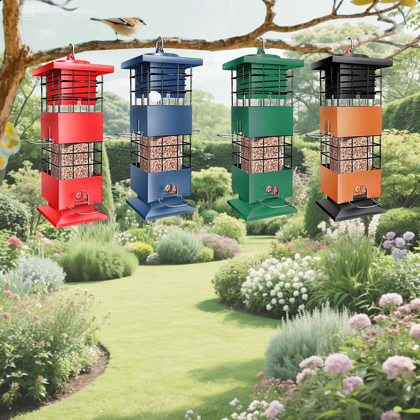 Squirrel Proof Bird Feeder, 3.5Lbs Large Capacity Metal Squirrel-Proof Bird Feeders for Outdoors Hanging, 4 Feeding Ports Wild Bird Feeders with Gravity Protection for Finch, Cardinal, Blue Jay