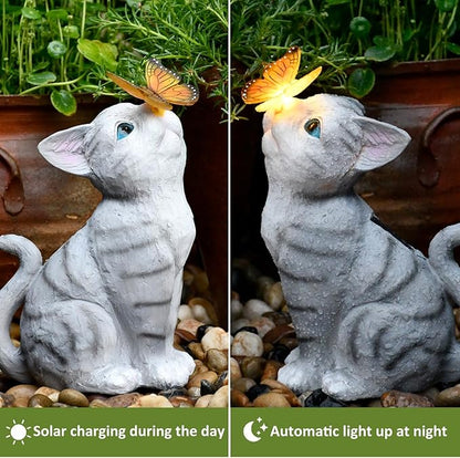 Solar Cat Garden Figurines Outdoor Decor Statue with LED Lights for Patio Balcony Yard Lawn Housewarming Gift for Garden Mom Grandma (Grey)