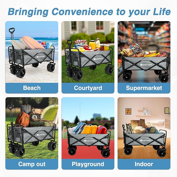 Yesker Foldable Wagon - 300lbs Collapsible Garden Carts with All Terrain Wheels for Outdoor Camping Sports Shopping Gardening - Heavy Duty Portable Utility Trolley (Gray)
