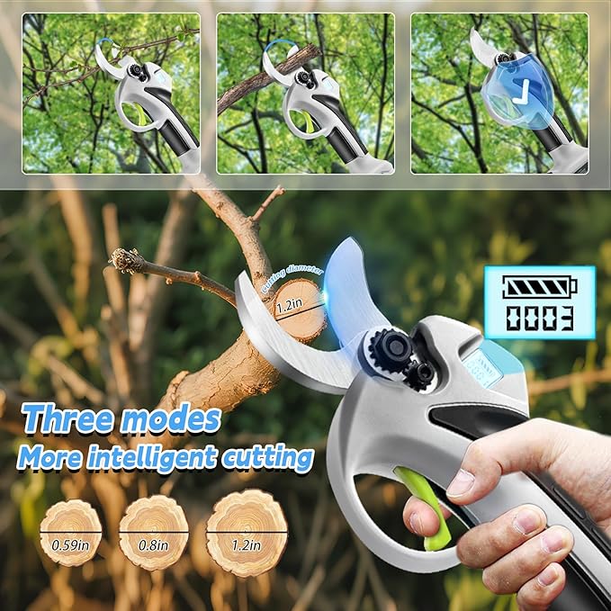 Electric Pruning Shears with Pole 1.4-2.0 Cutting Diameter & 2-IN-1 Electric Pole Pruner,2PCS 21V 3.0Ah Batteries,Brushiless Motor,4 Modes Adjustable Branches Cutter for Flower, Tree Trimming(Gray)