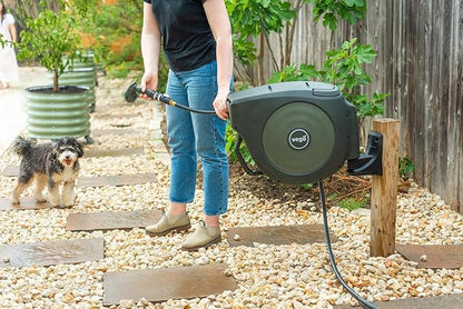 Vego Garden Hose Reel Retractable Hi-Flow Wall Mounted Hose Reel Automatic Rewind, Any Length Lock with 9 Patterns Sprayer Nozzle, Quick Connector and Adjustable shot Nozzle (Seaweed Green, 82ft)