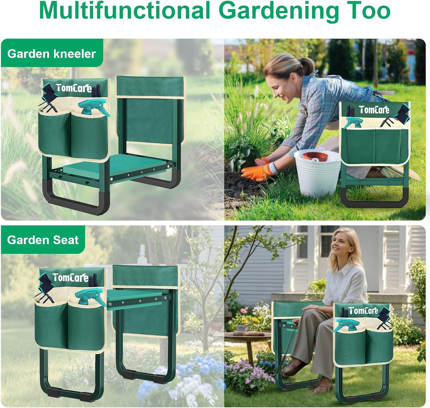 TomCare Garden Kneeler and Seat 11.14” Wider Larger Soft Kneeling Pad Garden Bench with 2 Large Tools Pouches Heavy Duty Foldable Garden Stool Gardening Gifts for Women Men Gardeners Seniors,Green