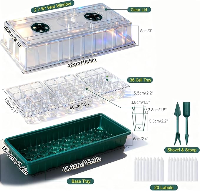 Seed Starter Tray with Grow Light, 2 Pack 72 Cells Seed Starter Kit with Humidity Dome, Indoor Seedling Starter Tray, Adjustable Brightness Plant Germination Trays