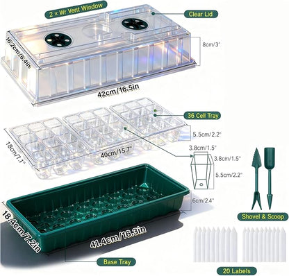 Seed Starter Tray with Grow Light, 2 Pack 72 Cells Seed Starter Kit with Humidity Dome, Indoor Seedling Starter Tray, Adjustable Brightness Plant Germination Trays