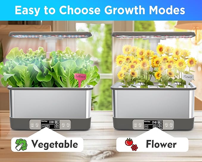 Hydroponics Growing System Indoor Garden, Smart Indoor Herb Garden with Grow Light, in Door Gardening System 6 Pods, APP & WiFi Control, Auto Timer, Quiet Pump, Stainless, Gift for Women Mom, Gray