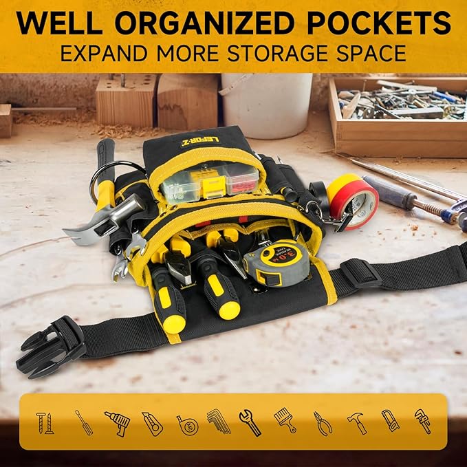 Tool Belt,Magnetic Tool Pouch,14-Pockets Tool Belts for Men,Detachable & Adjustable Tool Pouch belt for Electrician,Carpenter,Construction,Work Apron,Utility Belt,Black-Yellow