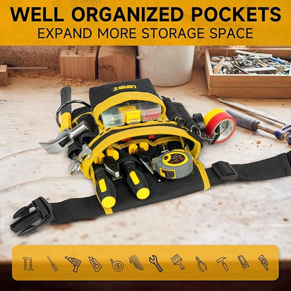 Tool Belt,Magnetic Tool Pouch,14-Pockets Tool Belts for Men,Detachable & Adjustable Tool Pouch belt for Electrician,Carpenter,Construction,Work Apron,Utility Belt,Black-Yellow