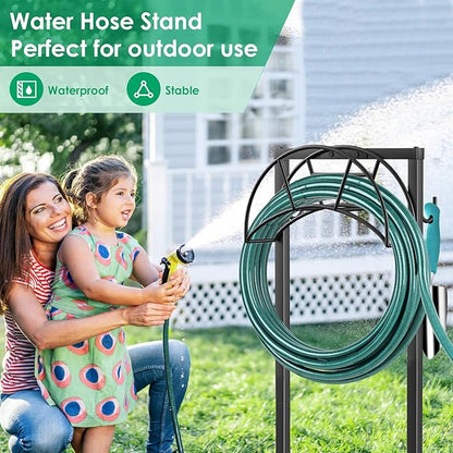 TomCare Garden Hose Holder 4 Spikes Garden Hose Reel Hose Stand Upgraded Water Hose Storage with Tool Hooks Garden Hose Hanger Organizer Holds 160ft Hoses for Outside Yard Lawn, Black