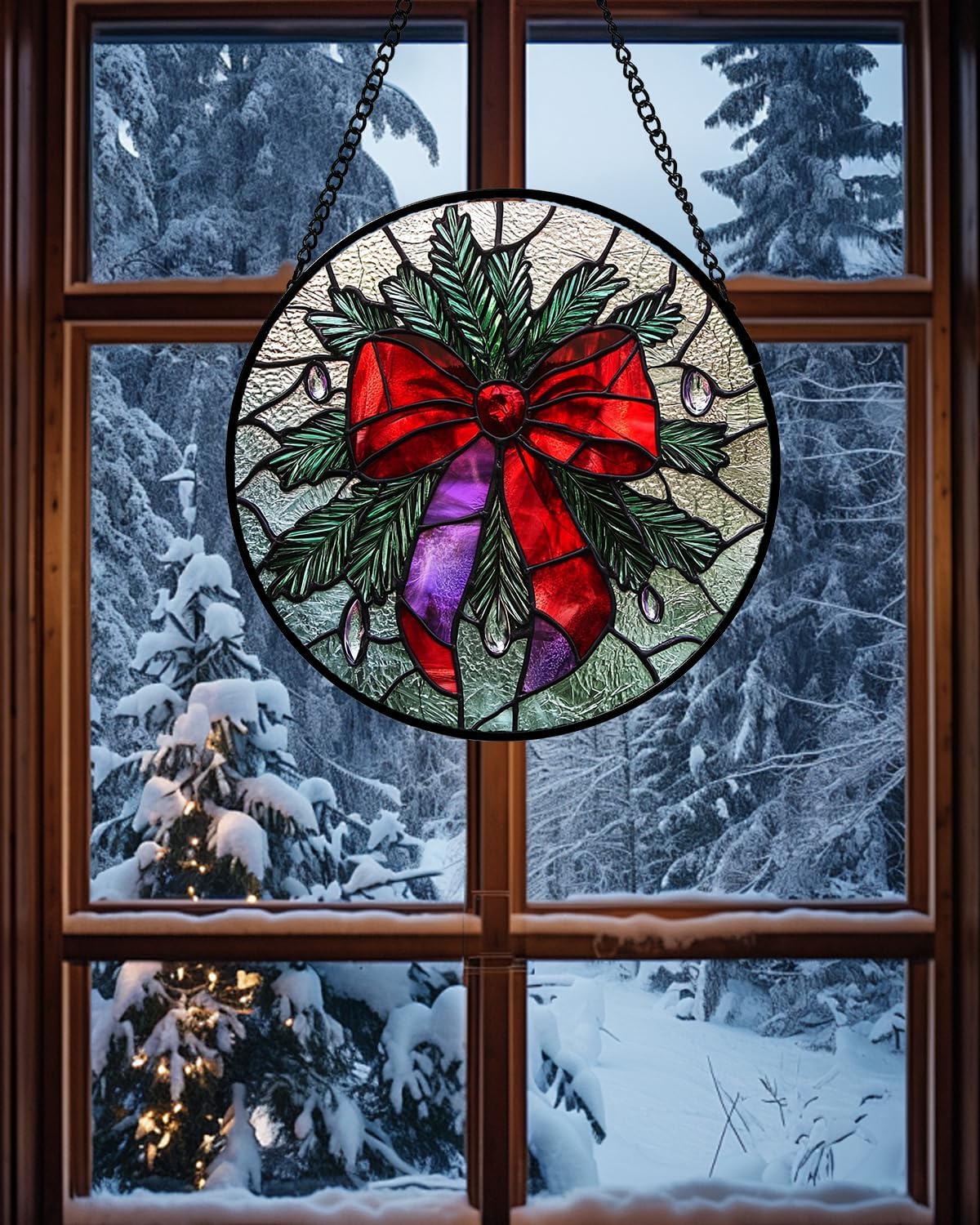 Stained Glass Window Hanging - Purple Gem Christmas Wreath Suncatcher for Doors Home Christmas Decoration Winter Sun Catcher Thanksgiving New Year Birthday Gifts for Women Men Mom Nana 15 in