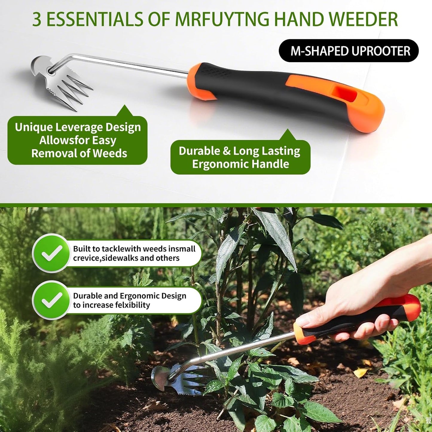 Upgraded Stainless Steel Hand Weeder Tool with Soft Rubber Grip | Manual Weed Extractor with Root Removal Function 4-Tine Slot Weeder for Crevices Garden Weeding Master Kit (3-Pack)
