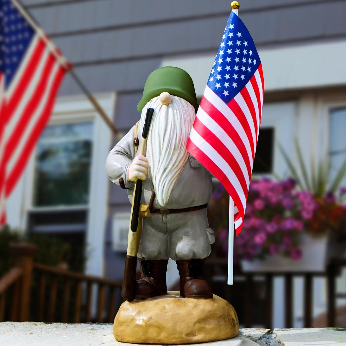 Patriotic Solar Garden Gnome with American Flag, 11" Resin Armed Garden Gnomes Outdoor Statue, Military Yard Gnome Decor, Gift for 4th of July, Memorial Day, Veterans Day