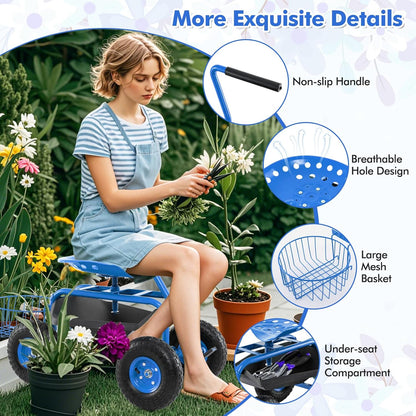Goplus Rolling Garden Seat with Wheels, Outdoor Gardening Scooter with 360° Swivel Seat, Tool Tray & Basket, Adjustable Steering Handle for Lawn, Gardening Stool, Garden Cart for Planting