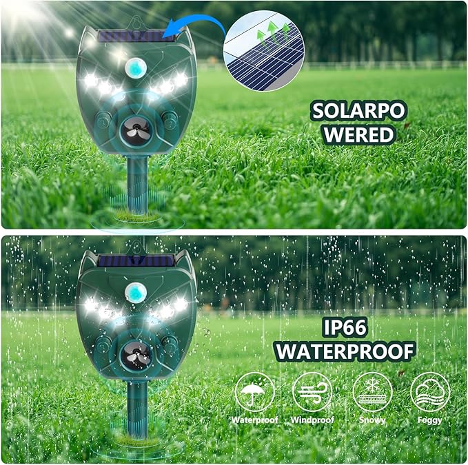 2 Pack 2025 Upgraded Solar Ultrasonic Animal Repellent Outdoor – Motion Activated Deer, Squirrel, Cat, Raccoon, Dog & Bird Deterrent with Multi-Frequency LED Strobe & Ultrasonic Sweep for Yard Lawn