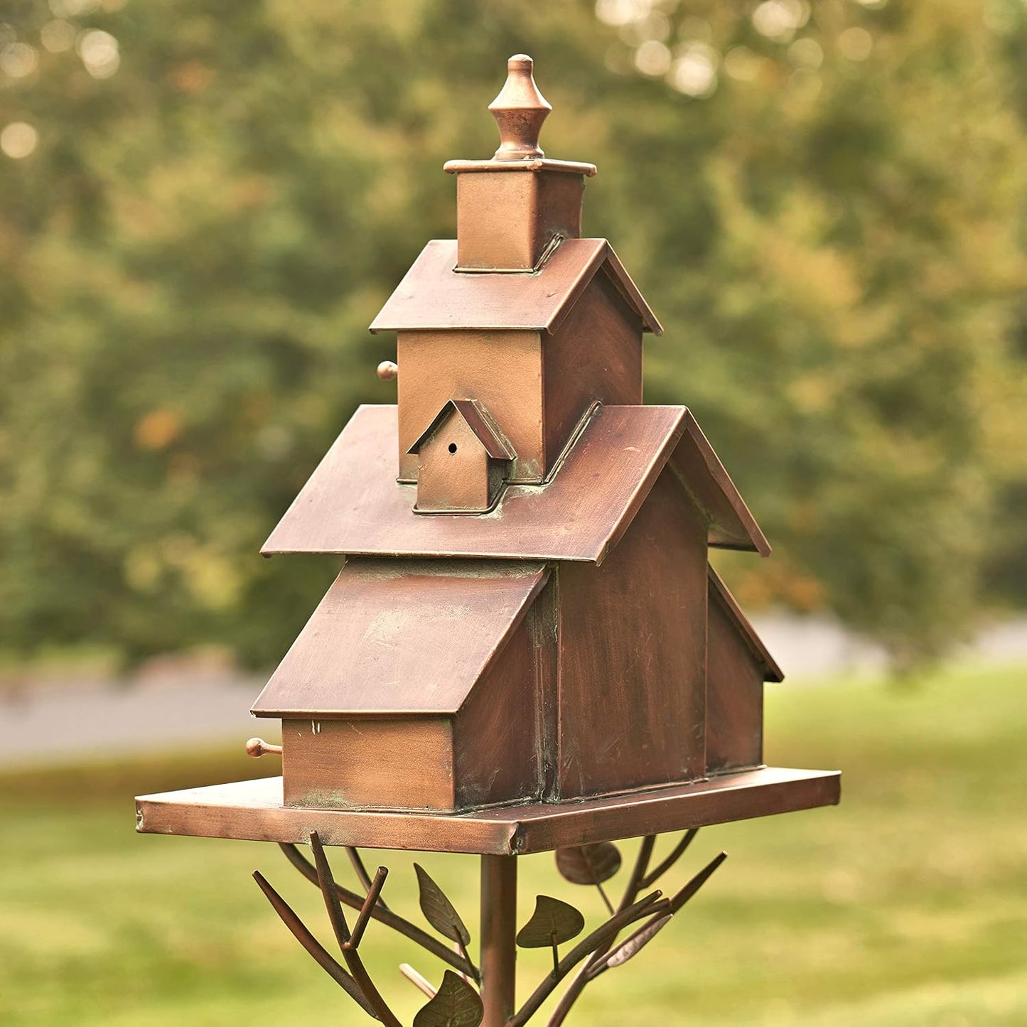 Large Copper Colored Multi-Birdhouse Stakes, Room for 4 Bird Families in Each (Church Style with Cascading Roof)