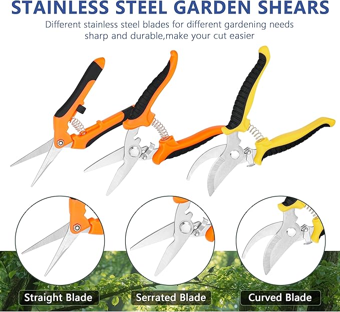 3-pack Garden Pruning Shears Set with Stainless Steel Blades, Bypass Pruners, Handheld Secateurs, Tree Trimmers, & Scissors Whetstone,a Clean Brush and a Hard Case, Ideal for trimming, pruning