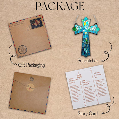 Mosaic Cross Acrylic Suncatcher Stained Glass Effect Window Car Hanging Christmas Ornament Indoor Outdoor Decor Garden Jesus Sun Catcher Panels for Family Christmas Jesus Gift for Women Mom Grandma