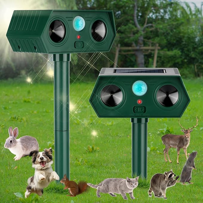 2 Pack 2025 Ultrasonic Animal Repellent Outdoor Cat Repellent Devices Solar Animal Repeller Motion Activated Deterrent to Scare Deer Squirrel Rabbit Raccoon Skunk for Yard Lawn Outdoor