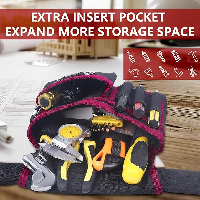 Tool Belt With Suspenders, 24 Pockets Tool Bag with Magnetic Wristband, Detachable Tool Pouch Bag, Adjustable Waists for Men Electrician Carpenter Construction (Red)