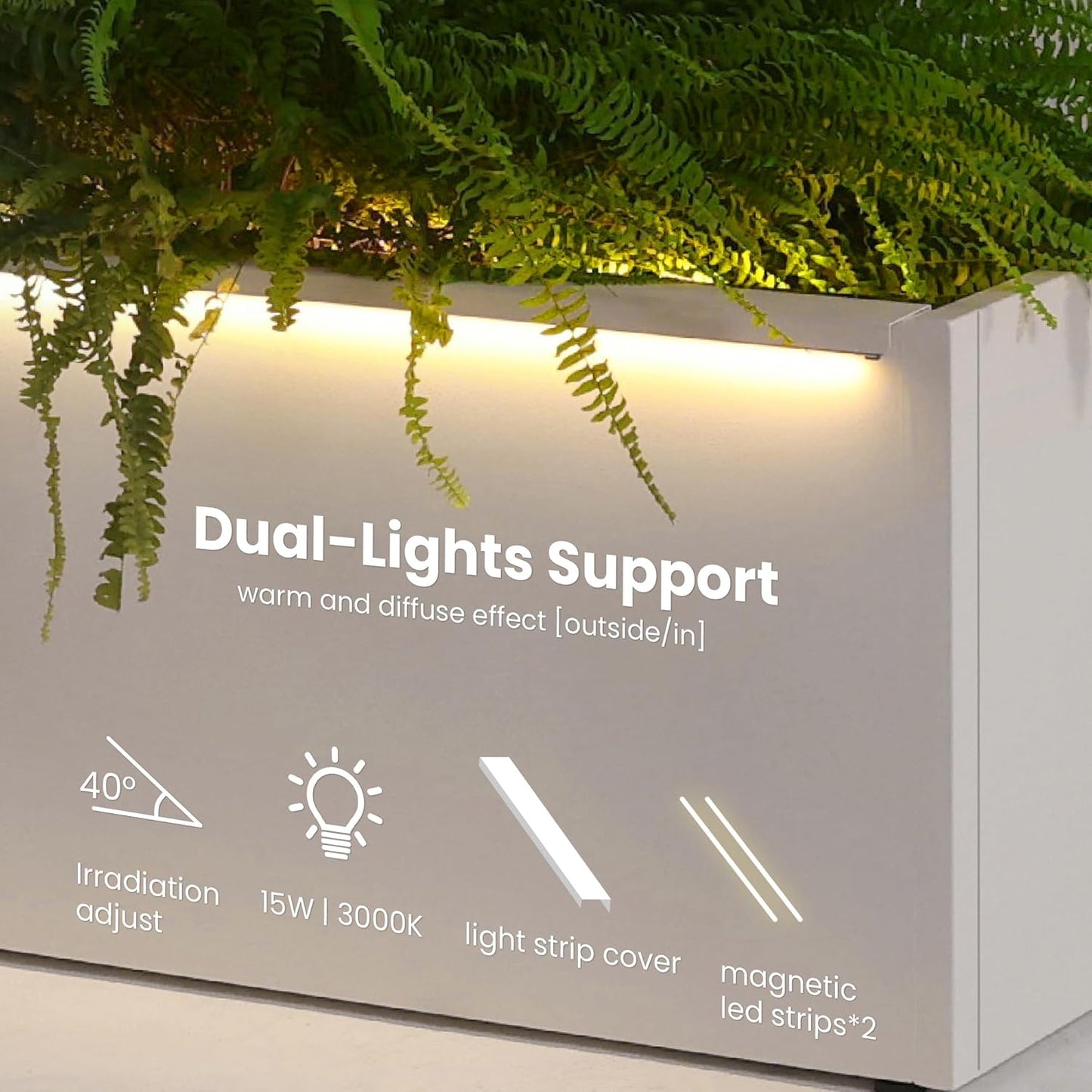 GSK White Metal Planter Box with LED Light Galvanized Versatile Rectagular Light Up Plant Trough Durable Indoor Outdoor Flower Container Porch Patio Tarrace Balcony Garden Home Office Commerical