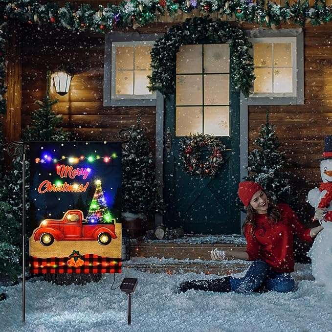 Merry Christmas Lighted Garden Flag, LED Red Truck Flag, Vertical Christmas Flag for Outdoor Yard Garden Lawn Decoration