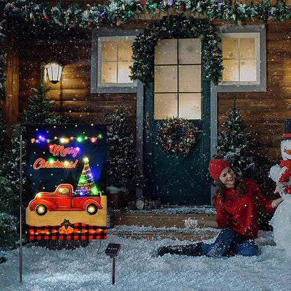 Merry Christmas Lighted Garden Flag, LED Red Truck Flag, Vertical Christmas Flag for Outdoor Yard Garden Lawn Decoration