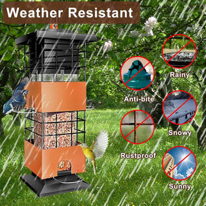 Squirrel Proof Bird Feeder, 3Lbs Hanging Anti-Squirrel Bird Feeders for Outdoors, Metal Weight-Activated Perches Wild Birdfeeder for Blue Jay, Cardinal (Brown)