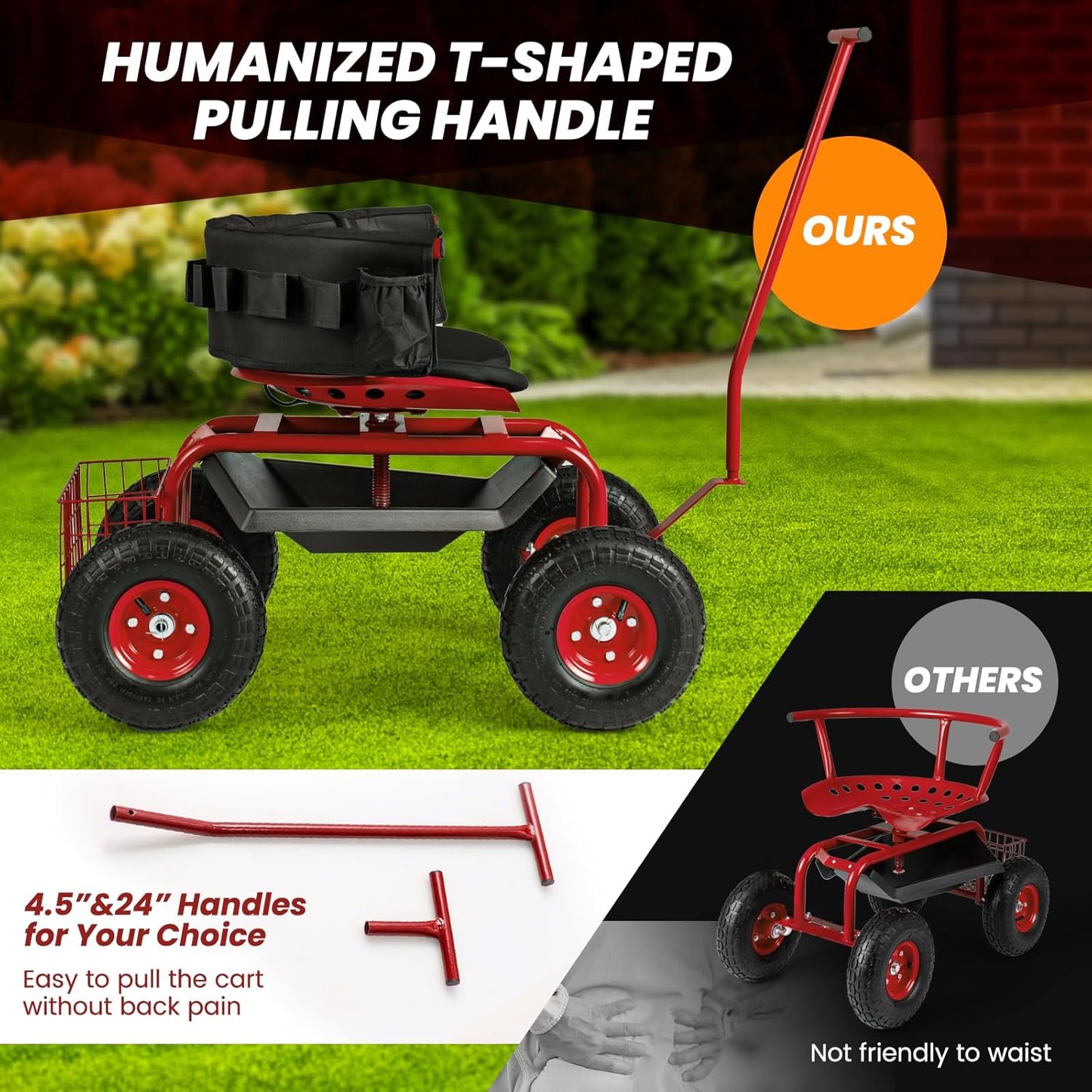 Giantex Garden Cart, Rolling Workseat with 4 Wheels, Tool Tray, Removable Cushion, Storage Basket, 2 Handles, Adjustable Height & 360 Swivel Work Seat, Gardening Stool for Patio Lawn (Red & Black)