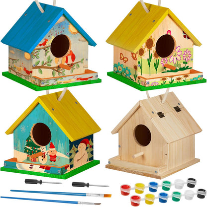 Liliful 12 Sets Wooden DIY Birdhouse Kit Unfinished Bird Houses with Paints and Paintbrushes Bird Feeder Craft Arts for Boy or Girl Classroom Activity and Christmas Kids Wooden Craft Gifts
