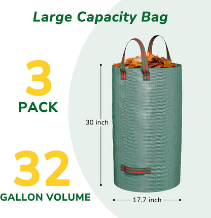 GreatBuddy 32 Gallon Reusable Yard Waste Bag, Heavy Duty, Upright Lawn Bags with 4 Reinforced Handles for Garden Leaves and Waste Collection, Lightweight and Portable (3 Pack)