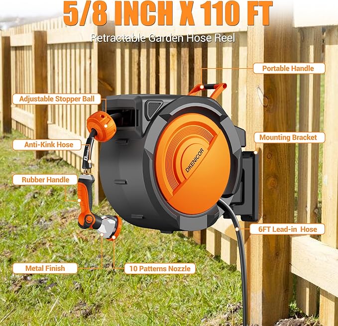 5/8" × 110 ft Retractable Hose Reel, Heavy Duty Retractable Garden Hose Reel Wall Mounted with 10-Pattern Hose Nozzle/Any Length Lock/Slow Return System/180°Swivel Bracket, Orange