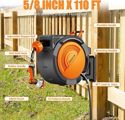 5/8" × 110 ft Retractable Hose Reel, Heavy Duty Retractable Garden Hose Reel Wall Mounted with 10-Pattern Hose Nozzle/Any Length Lock/Slow Return System/180°Swivel Bracket, Orange