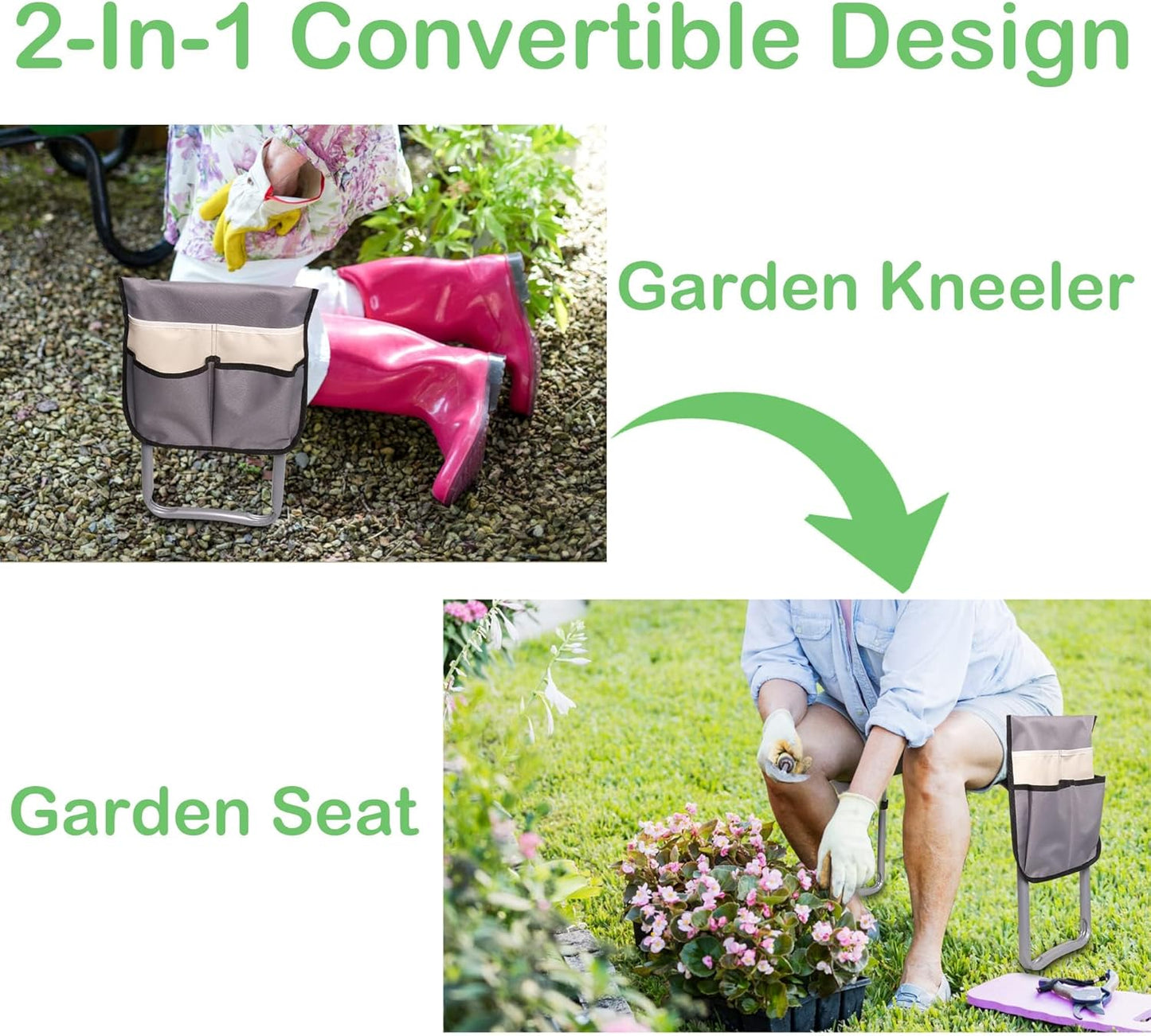 Garden Kneeler and Seat, 2024 Upgraded Foldable Heavy Duty Kneeling Bench with 2 Tool Bags and Soft EVA Foam Pad for Senior, Green
