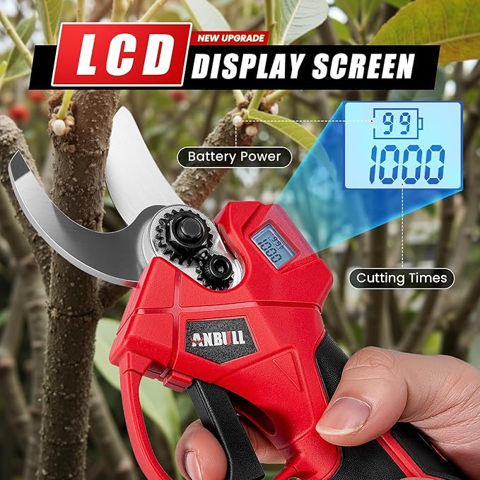 Upgraded Electric Pruning Shears, 1.6" Cutting Diameter Cordless Powered Pruner with LCD Display, 500W Powerful Brushless Motor, 2×21V 2000mAh Batteries Electric Pruner for Tree Trimming Garden
