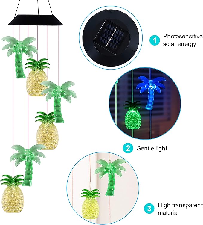 LED Solar Coconut Tree Pineapple Wind Chimes Outdoor - Waterproof Solar Powered Changing Color Palm Tree Pineapple Wind Chime Light for Home, Party, Festival Decor, Night Garden Decoration